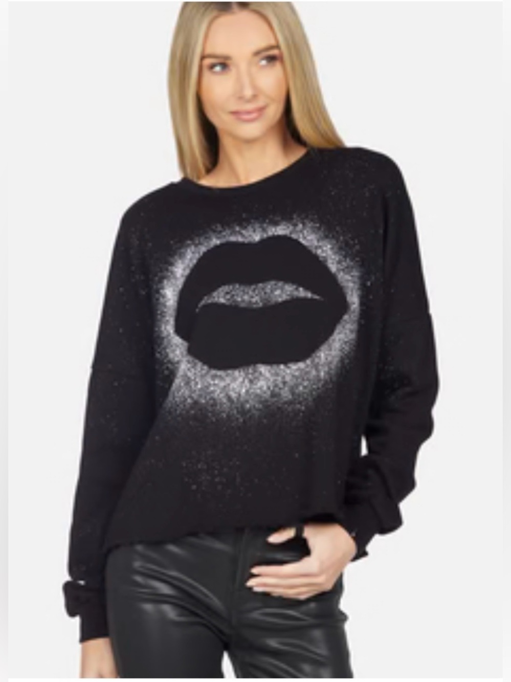 Lauren Moshi/Black Graphic Lip/Lightweight Crew Neck/Pullover/White SplatterNWOT